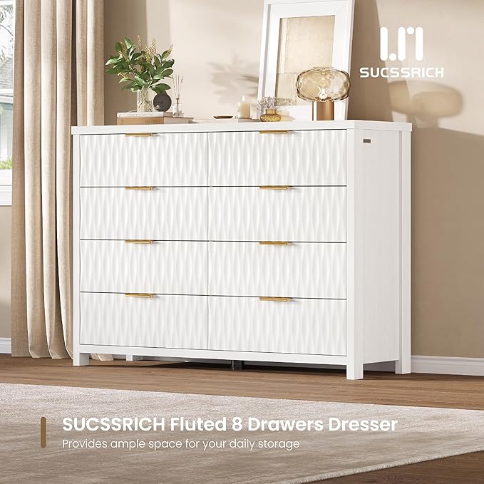 Dresser for Bedroom with 8 Drawers, 46.9" Wide Modern Chest of Drawers with Metal Handle, Wood Dresser TV Stand, Wood Storage Organizer for Bedroom, Living Room, Closet(Beigewhite)
