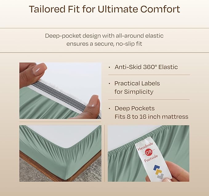 California Design Den King Size Sheet Set - Luxury Hotel 800 Thread Count Sateen, Natural 100% Cotton Bedsheets King Size Bed, Deep Pockets with Anti-Skid Elastic, Cool and Durable - Sage Green