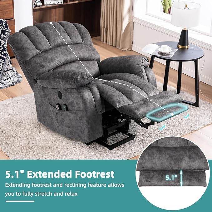 MEETWARM Large Power Lift Electric Recliner Chair with Extended Footrest for Elderly, Big and Tall Lift Chair for Seniors Reclining Chair with Vibration Massage and Heated, USB Ports(Plush-Grey)