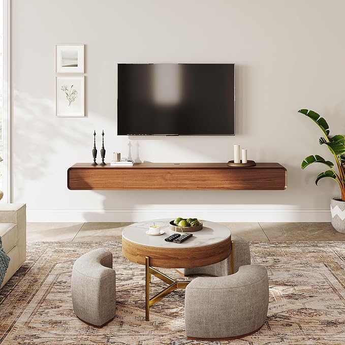 Fully-Assembled Minimalist Floating TV Stand, Modern Wall-Mounted Entertainment Center with 4 Flip-Down Cabinet Doors, Solid Wood Media Console, Walnut Veneer, 94"