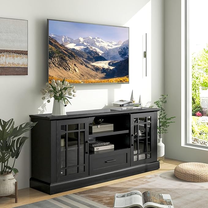 Tangkula Farmhouse TV Stand for TV up to 70 Inch, Tall Media Console Table w/2 Glass Doors, Entertainment Center w/Cubbies & Drawer, Storage Cabinet or Sideboard Buffet for Living Room (Black)