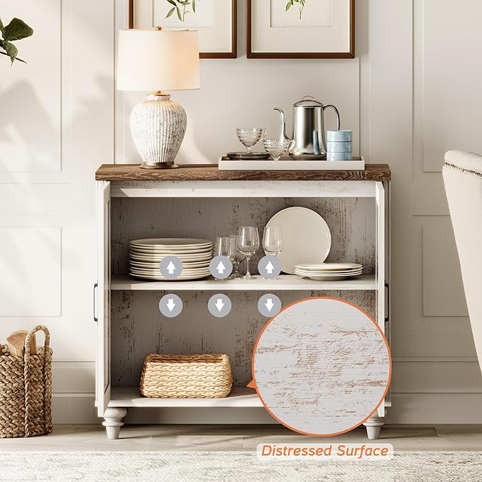 WAMPAT TV Stand for 75 Inch TV, Wood TV Cabinet Entertainment Center Television Stands for Living Room, 2-in-1 Sideboard Buffet Cabinet with Glass Door & Drawer for Kitchen, Rustic White