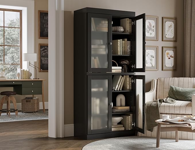 Palace Imports Solid Wood Bookcase w/Frosted Glass Doors & Adjustable Shelves - 6-Tier Bookshelf, 71.5" H x 32” W - Black, 100% Renewable Eco-Friendly Wood, Made in Brazil