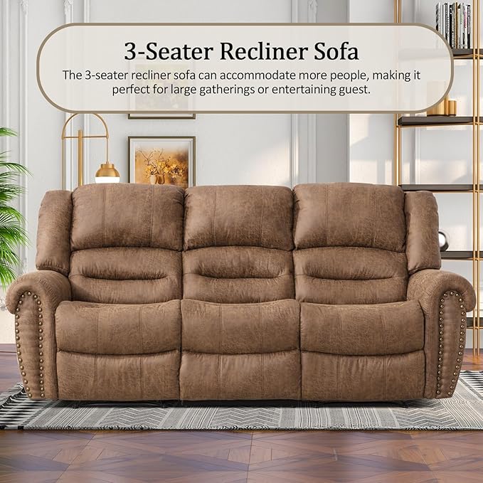CANMOV Faux Leather Manual Reclining Sofa,3 Seat Recliner Couch Sofa with Overstuffed Comfortable Arms and Back for Living Room,Office,Nut Brown