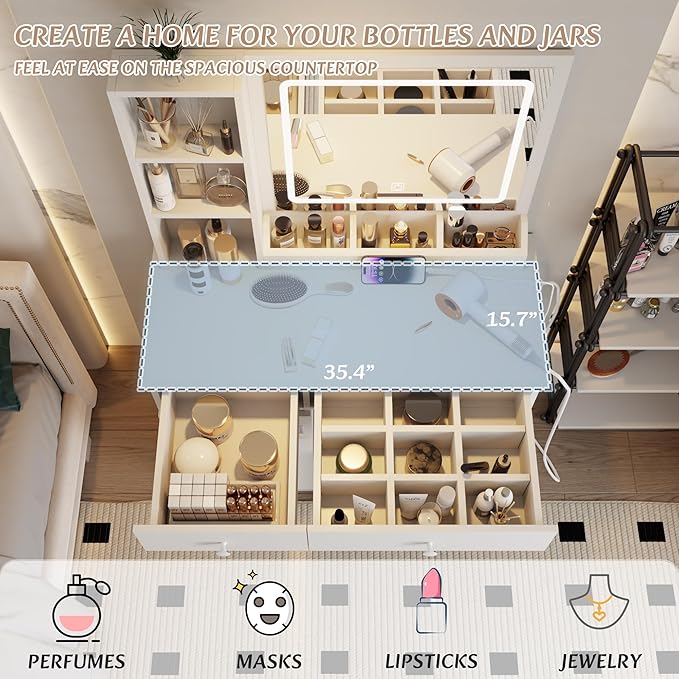 Dressing Table Set, Large Storage Space vanity with Mirror, Power Outlet, Makeup Vanity Bench with 2 Drawers Cushioned Stool for Beauty Storage & Cosmetics, Vintage Vanity Desk for Women (White)