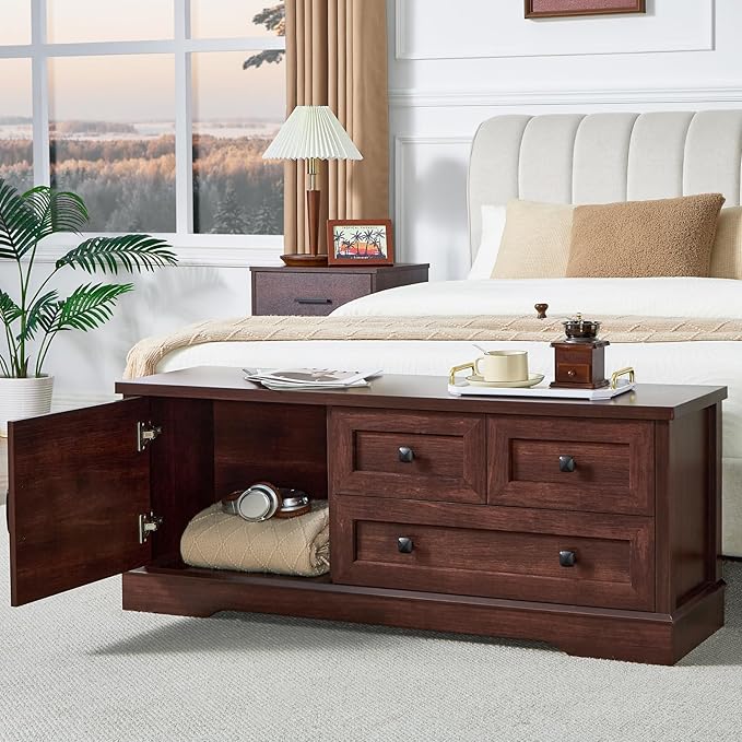 LIDYUK 3 Drawer Cherry Wood Dresser for Bedroom Farmhouse Dresser Chest of Drawers, 48" End of Bed Storage Bench Wide Chest of Drawers for Bedroom, Living Room