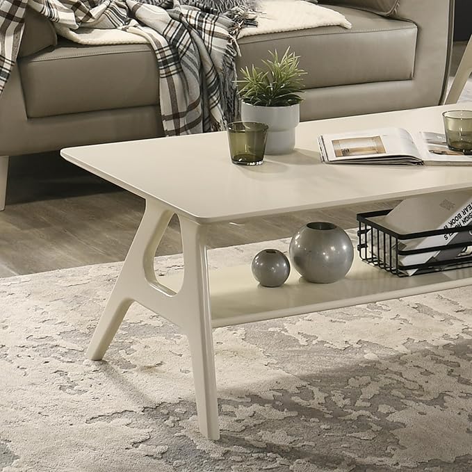 Roundhill Furniture Arona Mid-Century Modern Wood Shelf Coffee Table, Off-White Finish