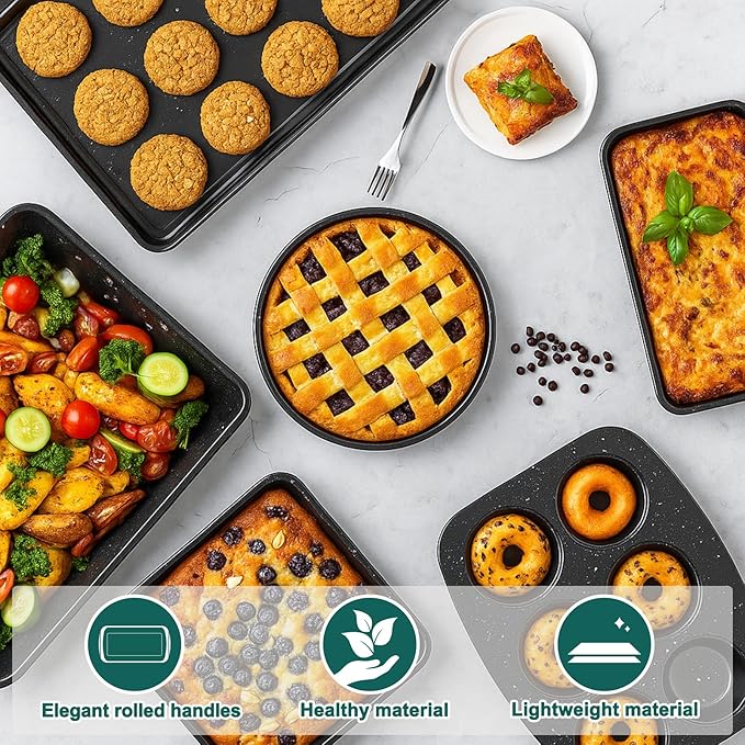 Remerry 12 Pieces Bakeware Set, Nonstick Baking Pans Set, Carbon Steel Oven Safe Nonstick Baking Pans Sets with Cake, Muffin Pan, Cookie, Pie, Tart, Quiche, Loaf Pan for Kitchen Bake Supplies