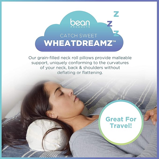 Bean Products WheatDreamz Neck Roll Pillow - Made in USA - Organic Cotton Zippered Shell with Organic Buckwheat - 6" x 16"…