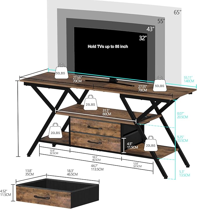 TV Stand with Power Outlet and LED Lights, Fits TVs up to 65”, 2 Fabric Drawers Entertainment Center with Open Storage Shelves, Media Console for Living Room, Bedroom (Rustic Brown)