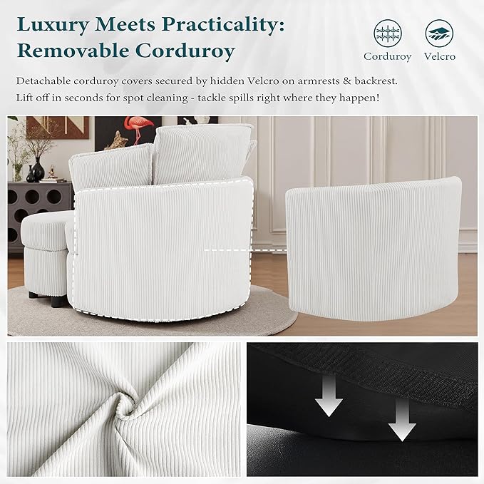 Swivel Accent Chair with Ottoman Comfy Reading Chairs for Bedroom Modern Corduroy Arm Chair 360°Swivel Barrel Chairs for Living Room,Apartment (White, 1)