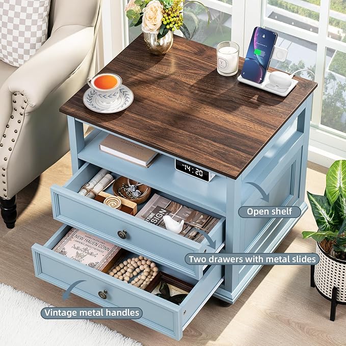 Farmhouse Nightstand Set of 2 with Charging Station, 24" Wide End Table with 2 Drawers, Dresser Cabinet for Bedroom,Bed Side Table Chest of Drawers,Light Blue Night Stand for Living Room