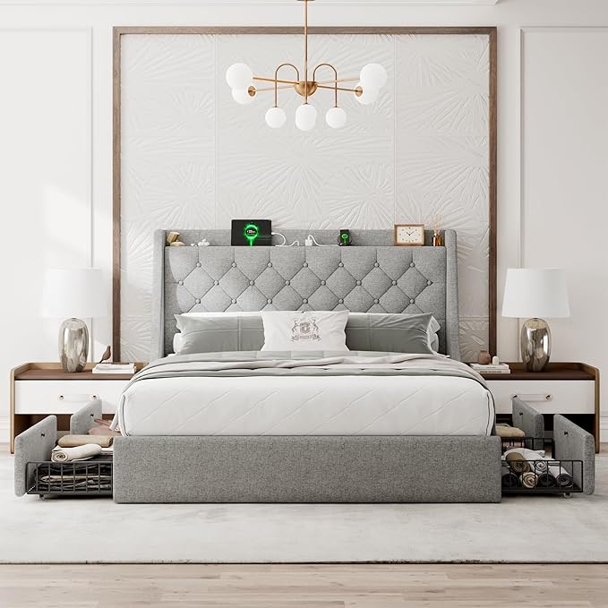 Upholstered Full Size Bed Frame with 4 Storage Drawers, Platform Bed Frame with Wingback Headboard, Charging Station, No Box Spring Needed, Light Grey
