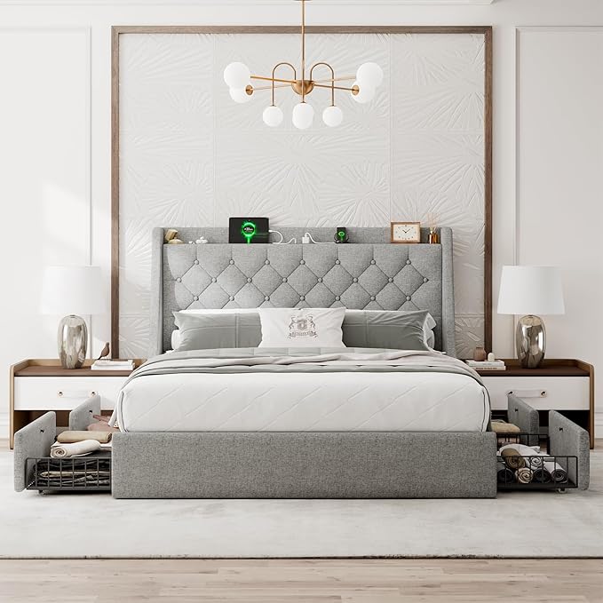 Queen Bed Frame with 4 Storage Drawers, Upholstered Bed Frame with Large Wingback Headboard, Charging Station, No Box Spring Needed, Light Grey
