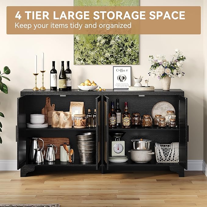 GAOMON TV Stand for TVs Up to 70'', Natural Rattan Entertainment Center with Storage Cabinets, Boho Media Console Table for Living Room, Farmhouse Cabinet, Black