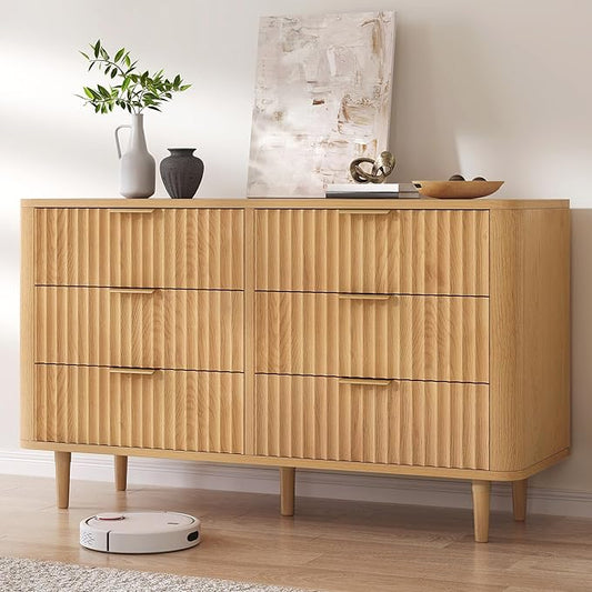 DWVO 6 Drawer Dresser with Fluted Panel, 47.2" Wide Modern Closet Dressers Chest of Drawers, Wood Storage Dresser Organizer for Bedroom, Dorms, Flats, Living Rooms, Hallways, Natural Oka