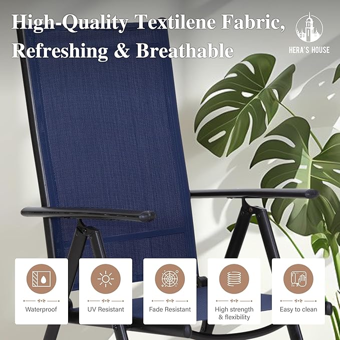 HERA'S HOUSE 7-Piece Outdoor Dining Set for 6, 60" Weather-Resistant Metal Patio Table with 6 Foldable Blue Chairs, Perfect for Garden, Backyard, Porch & Lawn (Space-Saving Design)