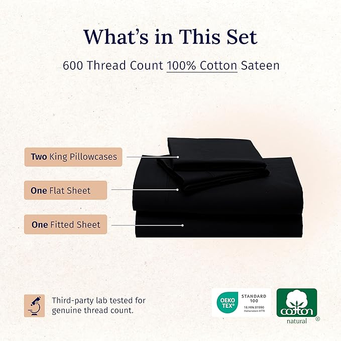 California Design Den King Sheet Set - Luxury 600 Thread Count Sateen, Natural 100% Cotton, Fully Elasticized Deep Pocket King Bed Sheets, Crisp, Cool and Durable Hotel Quality Bedding - Black