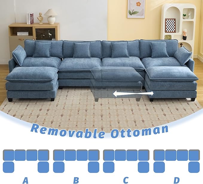 147'' Sectional Cloud Deep Seat Couch, Oversized Chenille U Shaped Sectional Sofa for Living Room Set, Comfy Upholstered Modular Sectional Sofa Couch with 2 Movable Ottoman, Blue