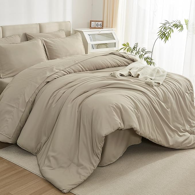 Litanika Comforter Queen Size Set Khaki - 7 Pieces Bed in a Bag Queen Bedding Comforter Sets, Plain Lightweight Bed Set with Comforter, Sheets, Pillowcases & Shams