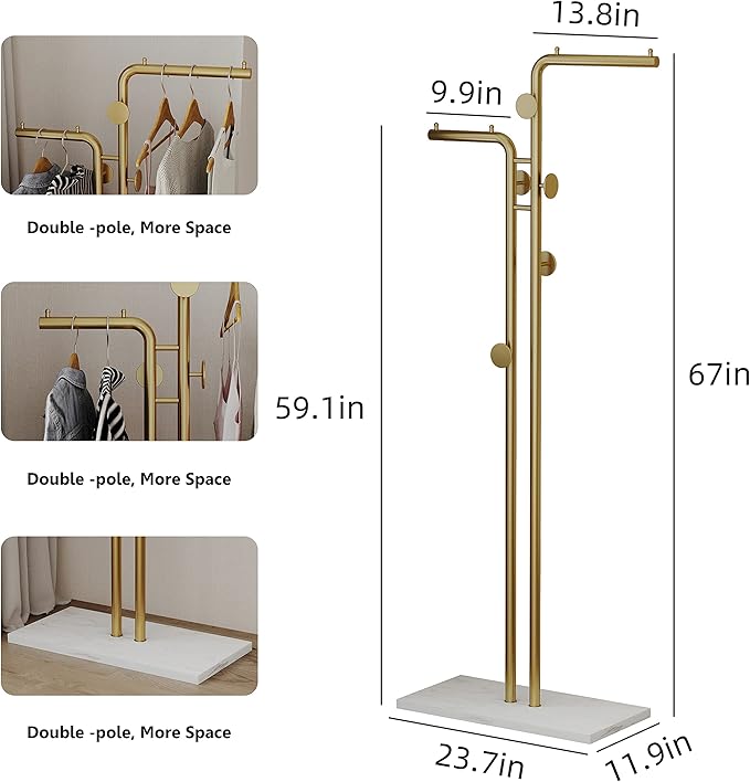 Double-pole Coat Rack Freestanding, Modern Metal Coat Racks Hanger Stand with 5 Hooks and Natural Marble Base, for Bedroom, Office, Hallway, Entryway, Living Room Gold