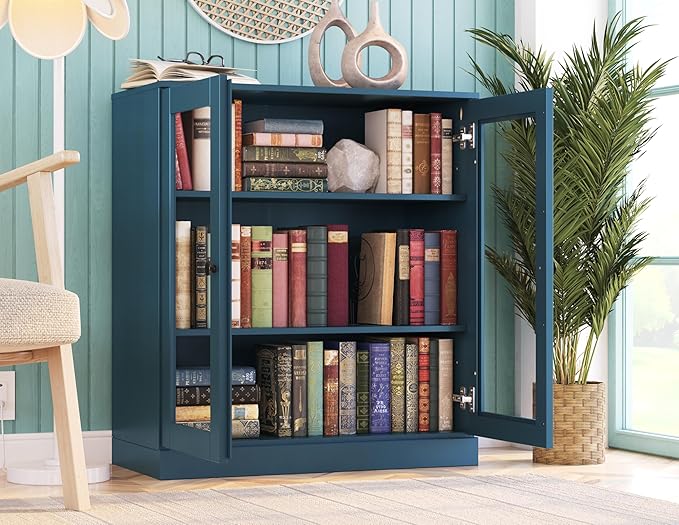 Palace Imports Solid Wood Bookcase - Floor Standing Bookshelf - 32” W - Display Furniture, Renewable 100% Eco-Friendly Wood, Made in Brazil (Teal Blue, Clear Glass Doors | 3-Shelf Short Bookcase)