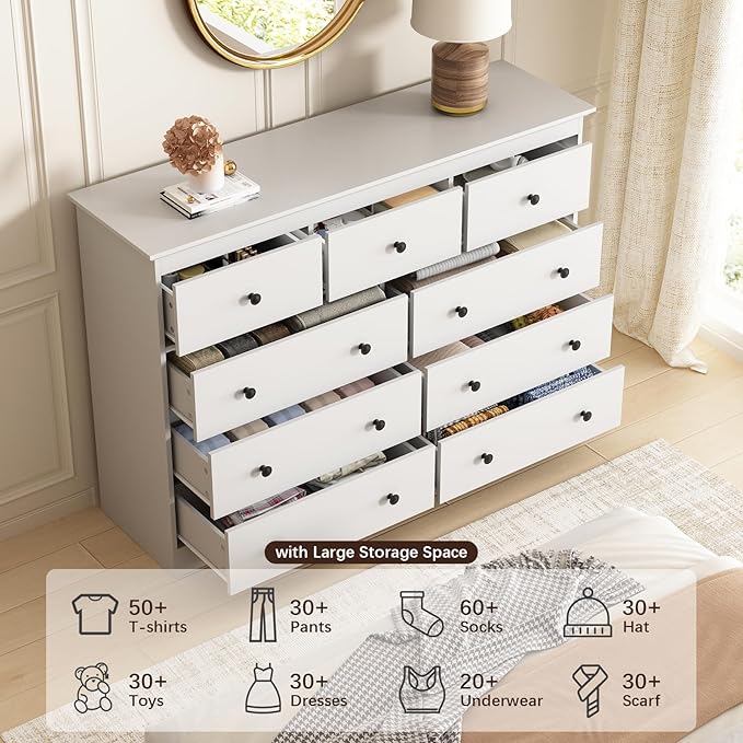 LYNSOM Modern 9 Drawer Dresser, 55.1" Wide Dressers & Chests of Drawers with Large Capacity Storage, Mid Century White Dresser for Bedroom, Hallway, White