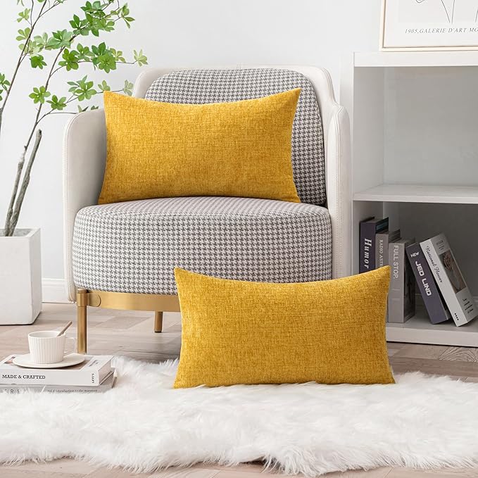 MIULEE Pack of 2 Mustard Yellow Throw Pillow Covers 12x20 Inch Soft Spring Chenille Pillow Covers for Sofa Living Room Couch Solid Dyed Cases