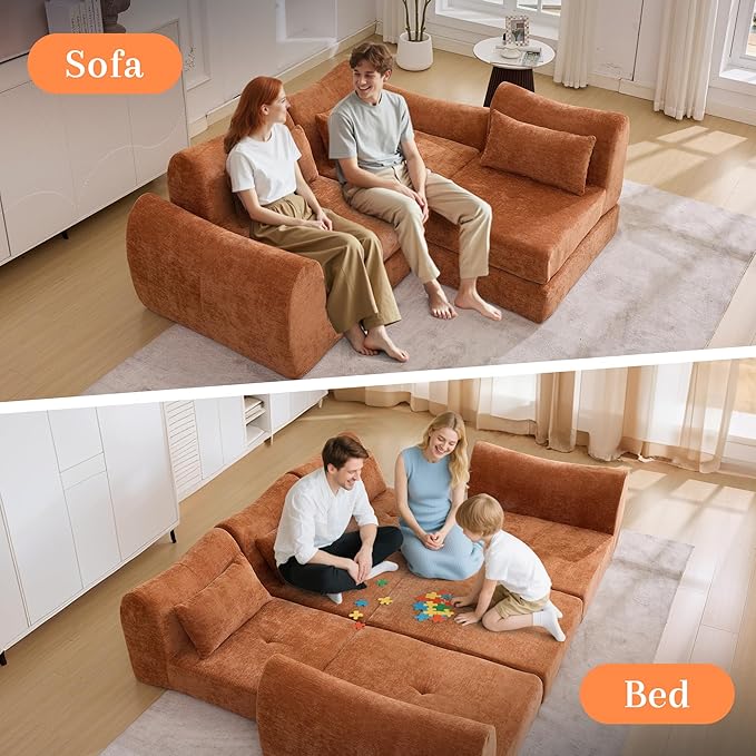 MAXMAXX 102" Modular Sectional Cloud Sofa,4-in-1 Folding Convertible Sofa Bed, Floor Boneless Couch, Modular Cushion Couch,Suitable for Living Room,Bedroom and Recreation Room (Orange)