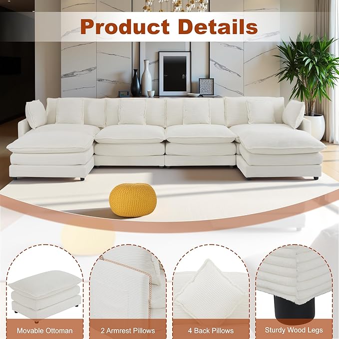 149.6" Sectional Couch, Upholstered Modular Sofa L Shaped Couch with Ottoman, Sectional Couches for Living Room and Office, Beige