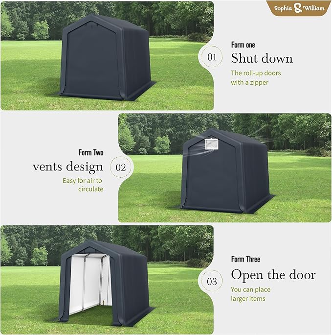 Sophia & William Outdoor Storage Shed Carport 6x10 ft Heavy Duty, Portable Garden Yard Car Port Shelter Storage Tent Garage with Roll Up Doors and Ventilation, Grey