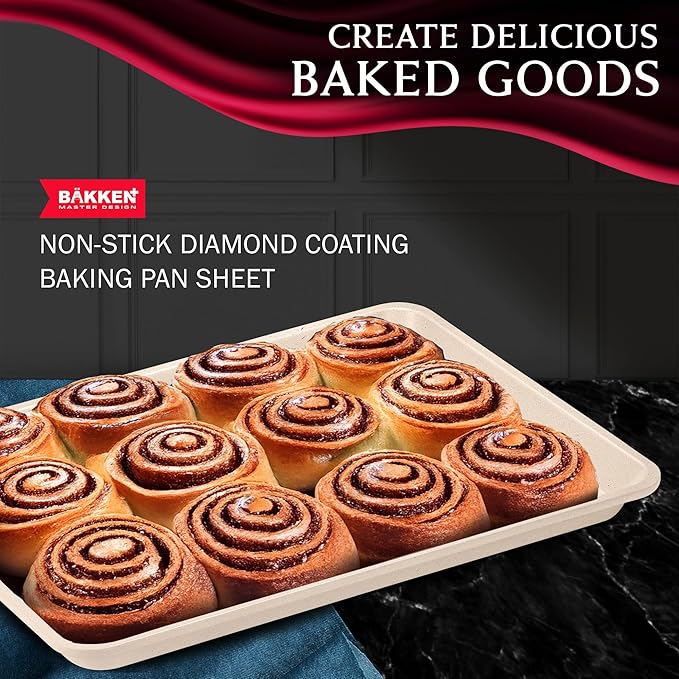 BAKKEN Kitchen Baking Pan - Small, Medium, and Large Cookie Pan (13.58×9.65, 15.75×11, 17.91×12.60), Nonstick, Diamond Texture Bottom, PFOA, PFOS, PTFE Free, Oven Safe (450°F), Pack of 3, White Marble