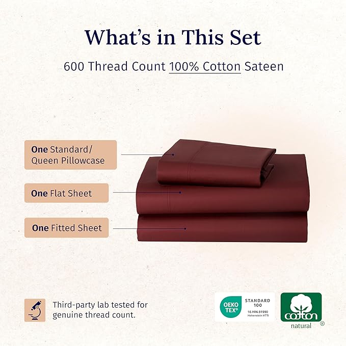 California Design Den 100% Cotton Twin Sheets Set - Luxury 600 Thread Count, Sateen Weave, Cooling Deep Pocket Sheets Twin Size Bed Set, Hotel Quality Silky Sheets - Brick Red