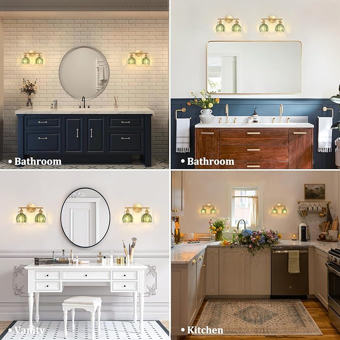 Bathroom Light Fixtures, 2-Light Brass Vanity Wall Light Over Mirror with Green Tulip Glass Shade for Bedroom Living Room