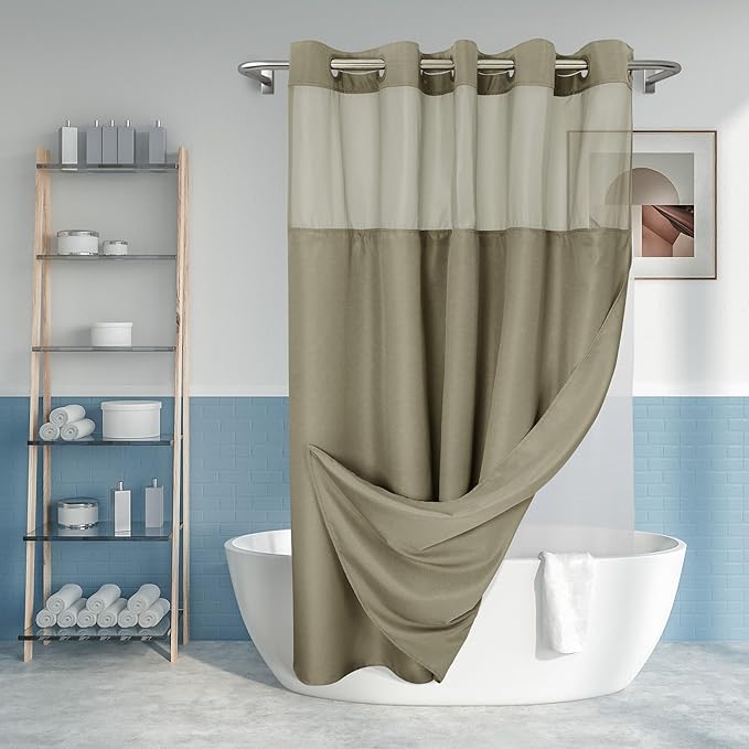 No Hook Slub Textured Shower Curtain with Snap-in PEVA Liner Set - 71" x 74"(72"), Hotel Style with See Through Top Window, Machine Washable & Water Repellent, Taupe, 71x74