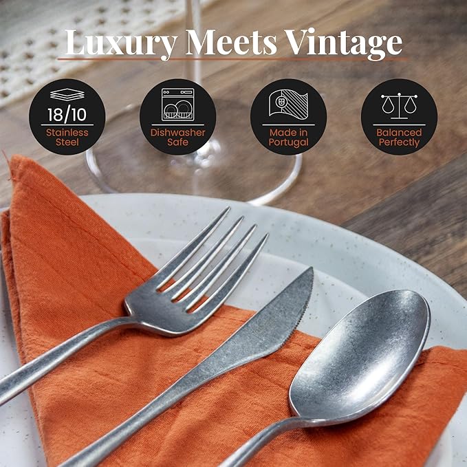 Luxury Vintage Flatware 20-Piece Set – Service for 4, Premium Stainless Steel with Weighted Handles, Aged Heirloom Finish, Dishwasher Safe, Elegant and Modern Cutlery (Vintage Silver)