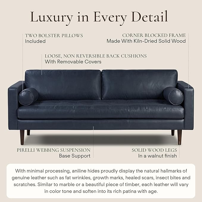 Poly & Bark Napa Leather Couch - 88.5-Inch Office Sofa with 2 Bolsters - Full-Grain Leather Sofa for Living Room with Feather-Down Topper - Living Room Couch - Vintage Italian Leather in Midnight Blue