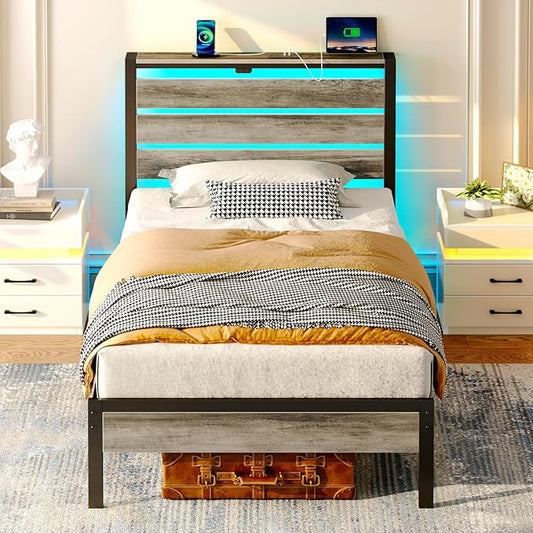 Rolanstar Bed Frame Twin Size with USB Charging Station, LED Bed Frame with Wood Storage Headboard, Light Grey Metal Platform Bed with Under Bed Storage, No Box Spring Needed, Noise Free