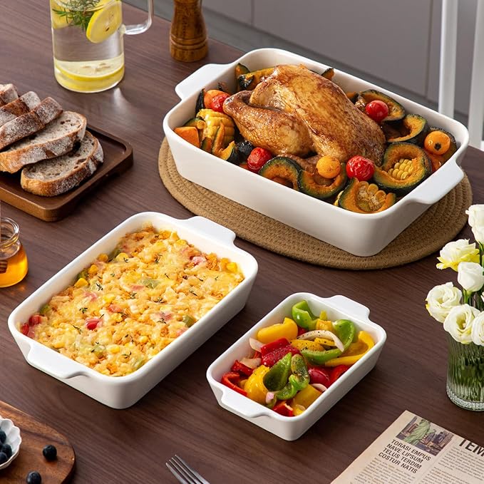 YUN TAO Casserole Dishes for Oven, Porcelain Baking Dishes, Ceramic Bakeware, Rectangular Lasagna Pans Deep with Handles for Baking Cake Kitchen,Cake Dinner,3-Piece (Set of 3, White) (White, 15.1 Inch)