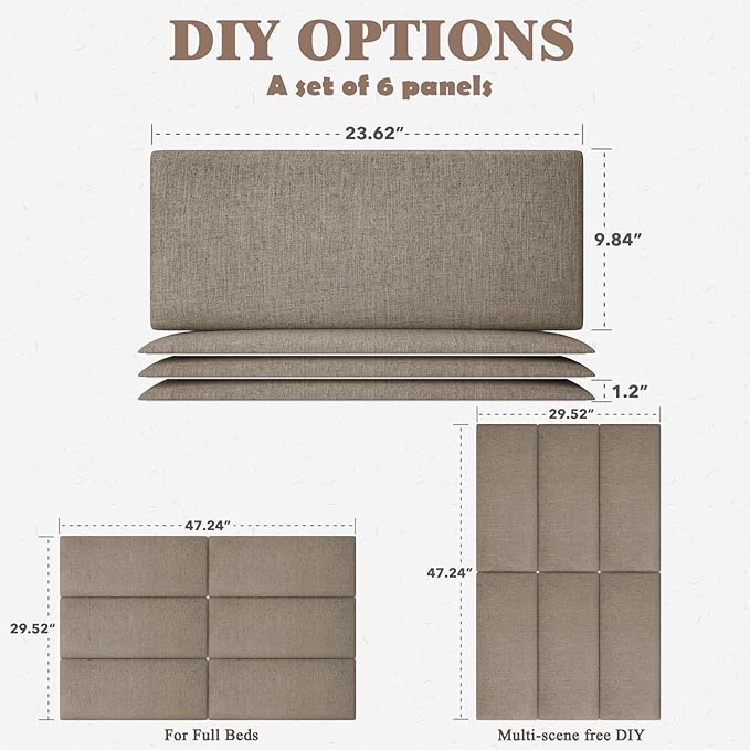 Upholstered Headboard for Full Twin Size Bed, Wall Mounted & Peel and Stick Headboard, Soundproof DIY Wall Panels, Fabric Tufted Head board in Modern Design for Bedroom (6 Panels, Each 23.62"x9.84"）