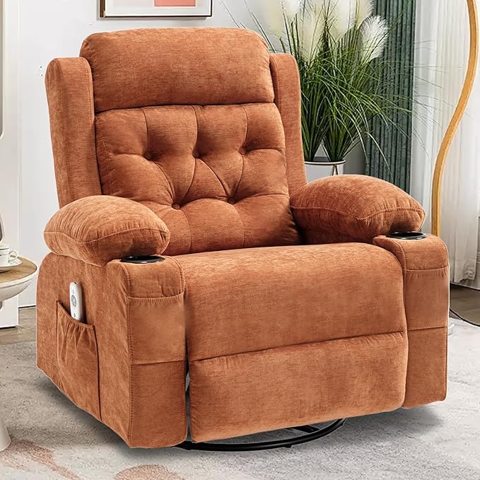 Overstuffed Rocker Recliner Chair with Massage and Heat, Mid Century Ergonomic Rocking Swivel Recliners Lounge Chair for Living Room, Manual Recliner Sofa Chairs with 2 Cup Holders, USB