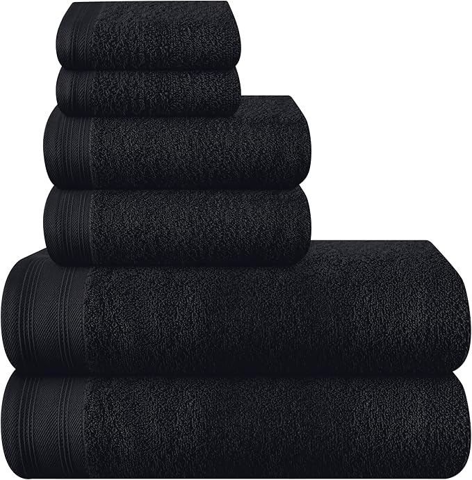 Ultra Soft 6 Pack Cotton Towel Set, Contains 2 Bath Towels 28x55 inch, 2 Hand Towels 16x24 inch & 2 Wash Coths 12x12 inch, Ideal Everyday use, Compact & Lightweight - Black