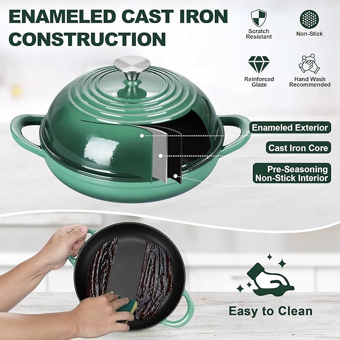 TeamFar Cast Iron Bread Dutch Oven, 6 Qt Enameled Dutch Oven Pot for Sourdough Bread Baking, with Tall Dome Lid & Round Base Pan, Self-Basting & Even-Heating, Heavy-Duty & Non-stick, Dark Green