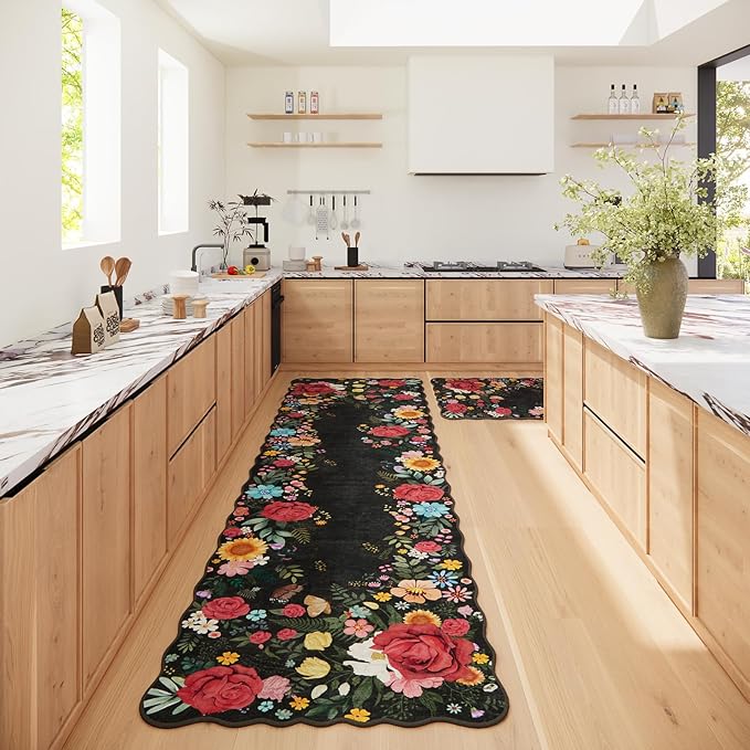 Hallway Rug 2'6''x10' Long Washable Floral Hallway Runner Rug Boho Vintage Low Pile Carpet for Entryway, Laundry Room High Traffic Areas, Indoor Rug for Bathroom (Black