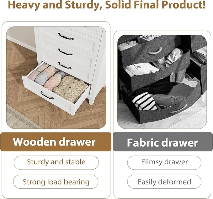 GarveeHome 5 Dresser for Bedroom, 41.3" Tall Vertical Drawer Dresser with Large Storage, Freestanding Wooden Closet Chest for Bedroom, Living Room, White