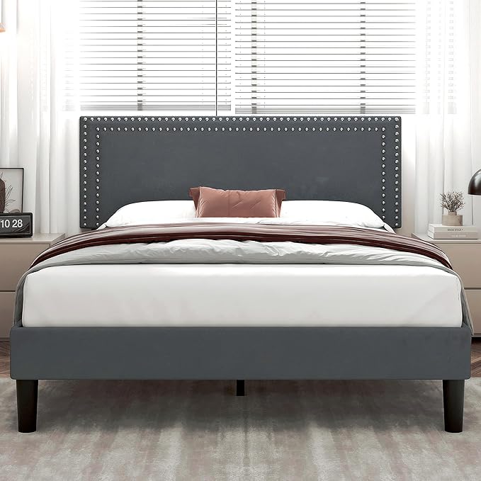 VECELO Full Size Bed Frame with Adjustable Upholstered Headboard, Wooden Slats Platform, Noise-Free Design, Easy Assembly