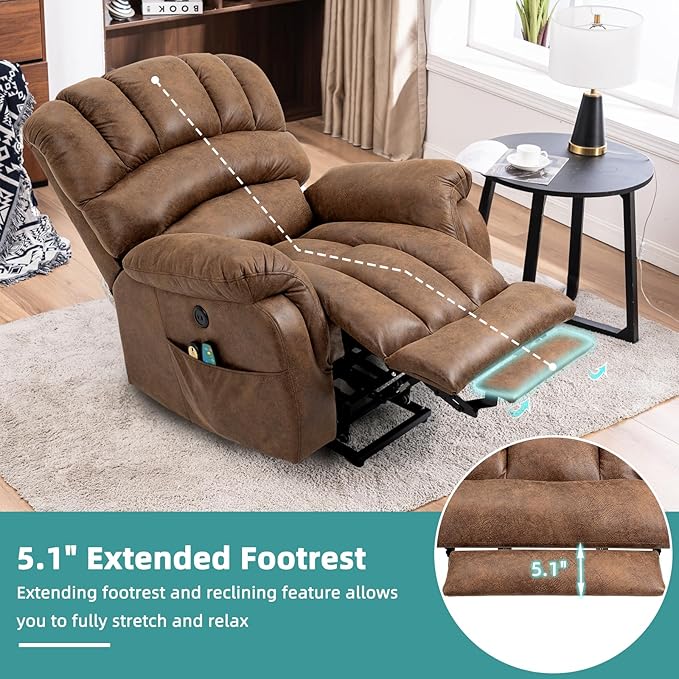 MEETWARM Large Power Lift Electric Recliner Chair with Extended Footrest for Elderly, Big and Tall Lift Chair for Seniors Reclining Chair for Living Room with Massage and Heated,USB Ports(Brown)
