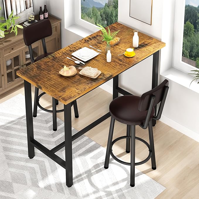 Recaceik 3 Piece Pub Dining Set, Modern bar Table and Stools for 2 Kitchen Counter Height Wood Top Bistro Easy Assemble for Breakfast Nook Living Room Small Space Restaurant, Rustic Brown 39”