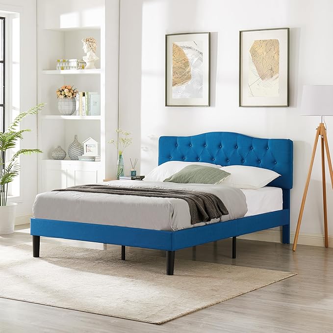 VECELO Full Size Platform Bed Frame with Fabric Upholstered Headboard and Wooden Slats Support, No Box Spring Needed/Easy Assembly,Blue