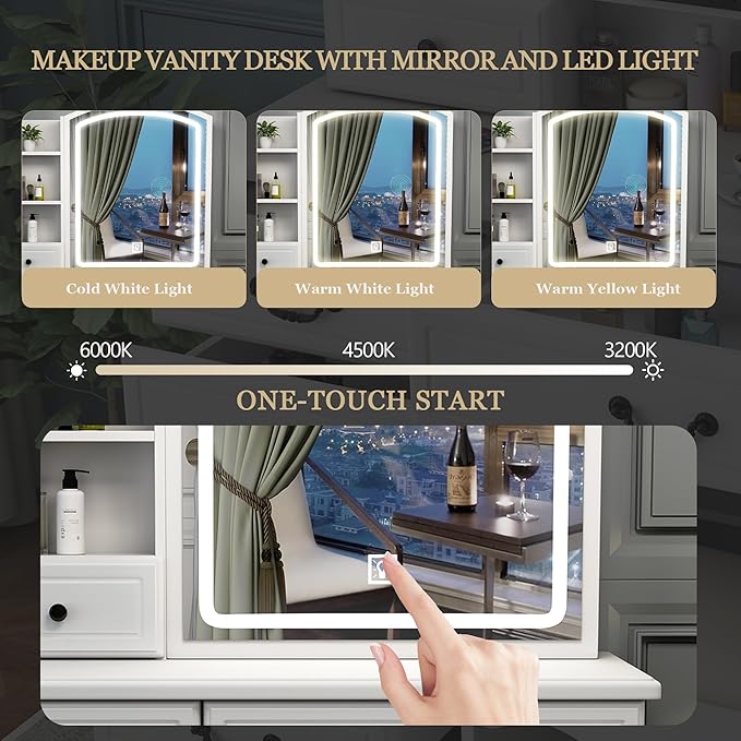 Elegant Vanity Desk with Lighted Mirror, 6 Drawer White Dressing Table Set for Bedroom, Features Adjustable 3-Color LED Lights, Perfect Makeup Vanity with Storage